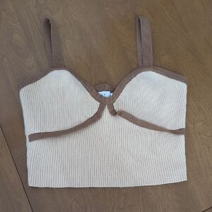 Cream and Brown Ribbed Crop Top